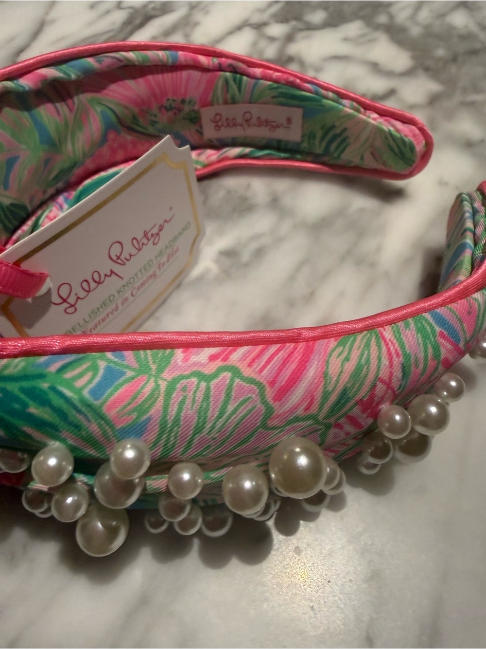 Lilly Pulitzer Pink & Green Knotted Pearl-Trim Headband - Picture 4 of 5